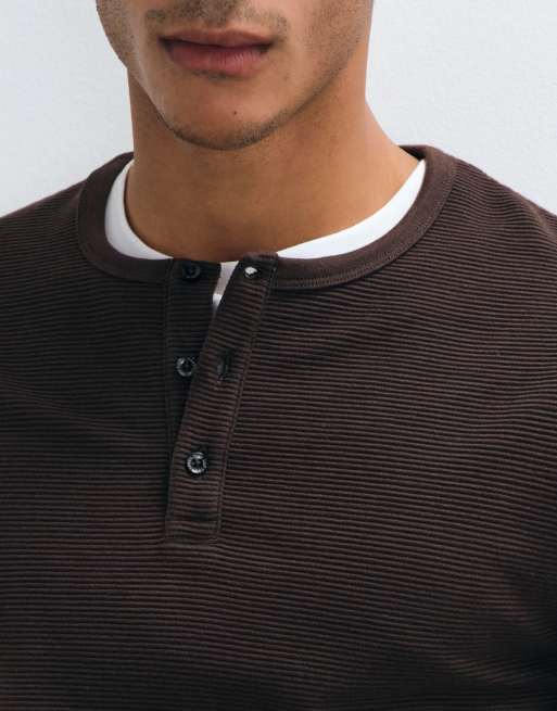 Brave Soul Studio waffle henley top in dark brown, 4 of 5