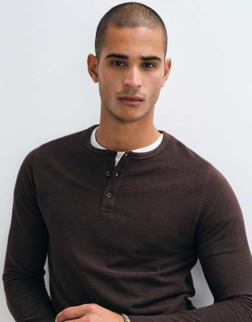 Brave Soul Studio waffle henley top in dark brown, 5 of 5