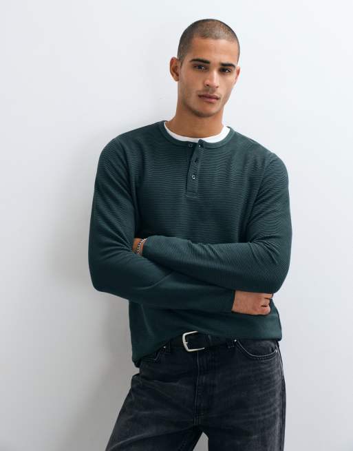 Brave Soul Studio waffle henley top in dark green, 5 of 5