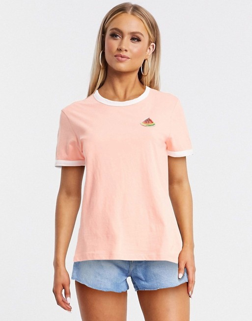 Brave Soul summer ringer t-shirt with watermelon embroidered patch