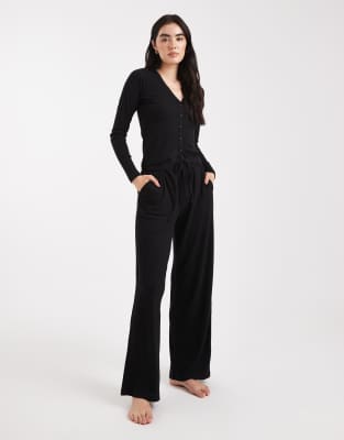 Brave Soul Super Soft Button Down Shirt And Pants Pajamas In Black