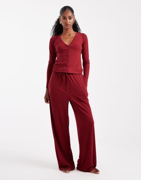 Brave Soul super soft button down pyjamas in burgundy - view 1