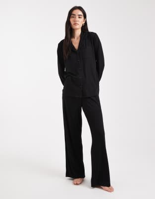 Brave Soul Super Soft Button Down Shirt And Pants Pajamas In Black