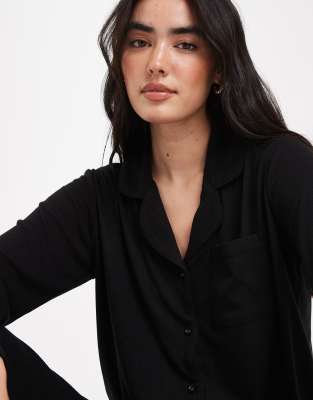 Brave Soul Super Soft Button Down Shirt And Pants Pajamas In Black