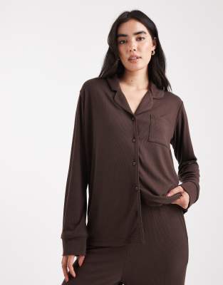 Brave Soul Super Soft Button Down Shirt And Pants Pajamas In Brown