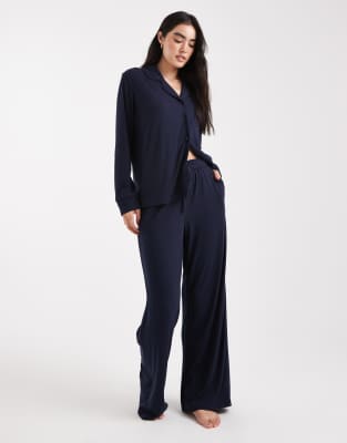 Brave Soul Super Soft Button Down Shirt And Pants Pajamas In Blue