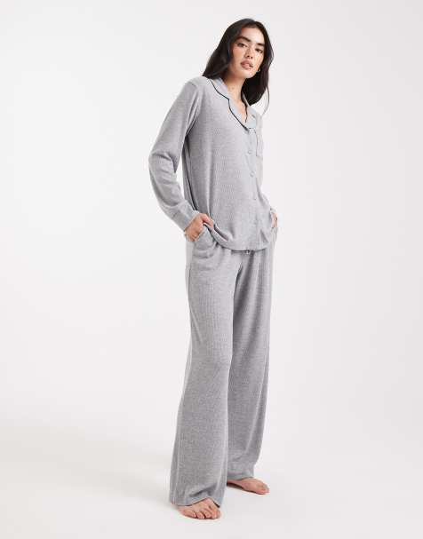 Brave Soul super soft button down shirt and pants pyjamas in light grey - view 1