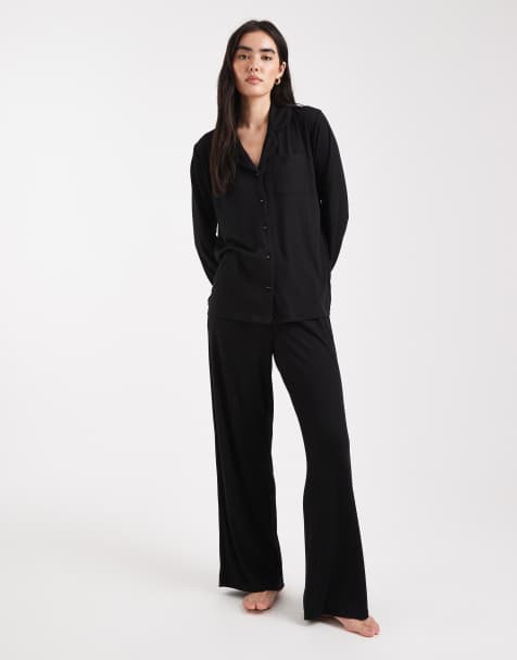 Brave Soul super soft button down shirt and trouser pyjamas in black - view 1
