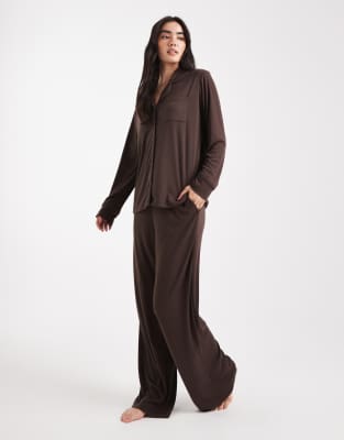 Brave Soul Brave Soul super soft button down shirt and trouser pyjamas in chocolate brown