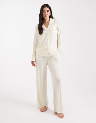 Brave Soul Brave Soul super soft button down shirt and trouser pyjamas in cream-White