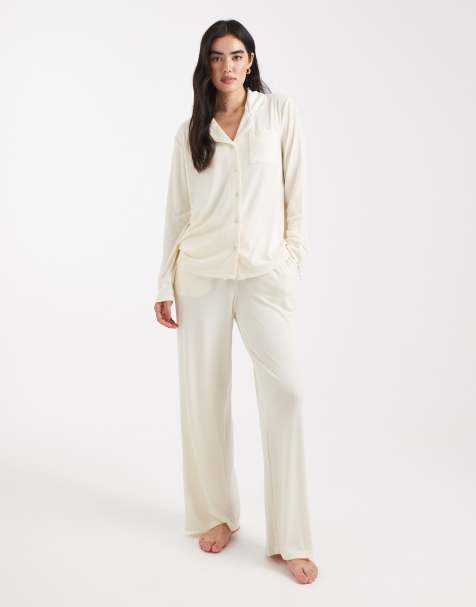 Brave Soul super soft button down shirt and trouser pyjamas in cream - view 1