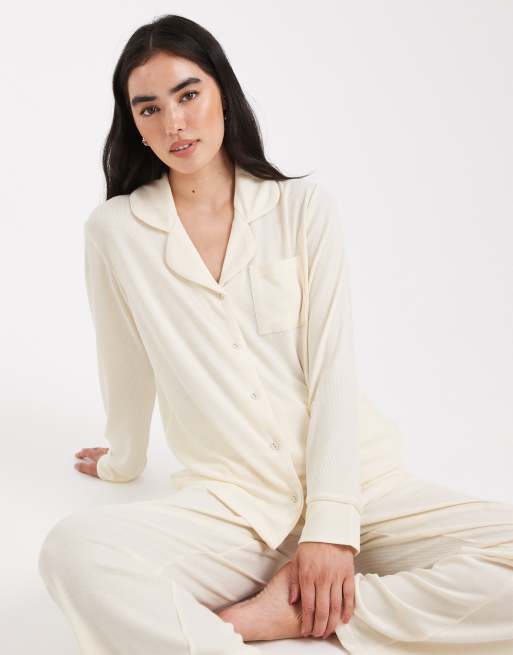 Brave Soul super soft button down shirt and trouser pyjamas in cream, 2 of 4