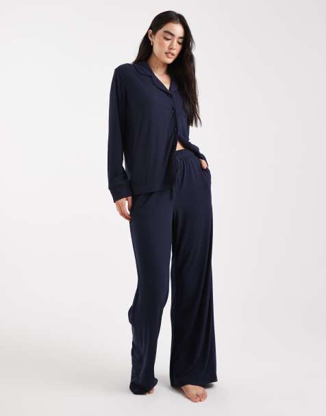 Brave Soul super soft button down shirt and trouser pyjamas in navy - view 1