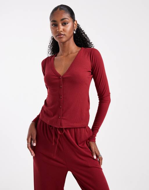 Brave Soul – Superweicher Pyjama in Burgunderrot mit Knopfleiste, 4 von 4