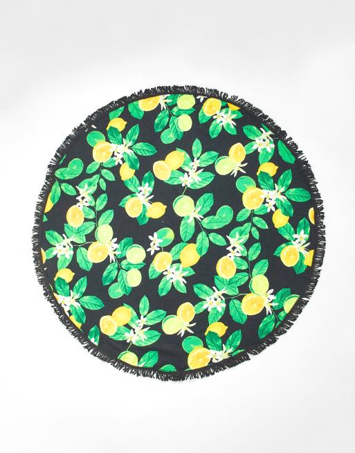 Brave Soul – Svart och gul citronmönstrad strandhandduk i rund design med tofsar - MGREEN
