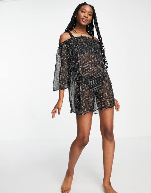 Brave Soul – Svart prickig strandklänning i off shoulder-design, 4 av 4