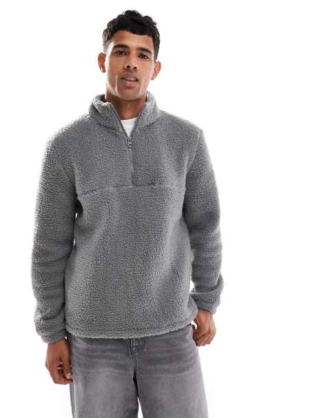 Brave Soul - Sweat oversize à col zippé en imitation peau de mouton - Gris anthracite - view 1