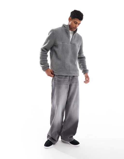 Brave Soul - Sweat oversize à col zippé en imitation peau de mouton - Gris anthracite, 3 de 4