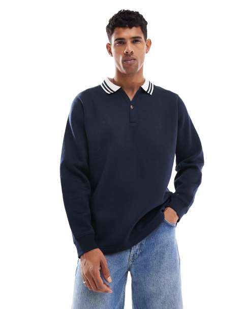Brave Soul - Sweat-shirt décontracté avec col polo à liserés - Bleu marine - view 1