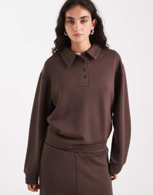 Brave Soul - Sweatshirt aus neoprenartigem Material in Schokobraun mit Kragen, Kombiteil-Brown