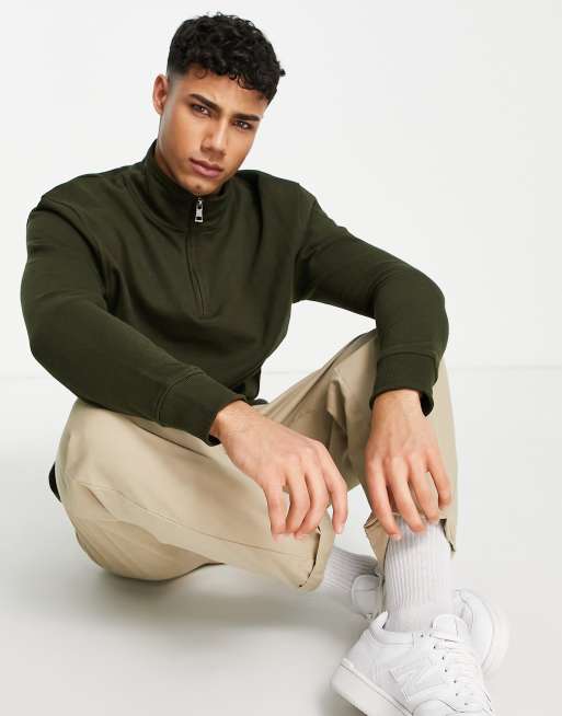 Brave Soul – Sweatshirt mit kurzem Reißverschluss in Mittel-Khaki