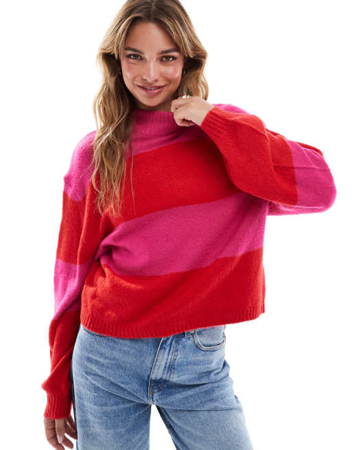 Brave Soul – Sweter z okrągłym dekoltem w różowo-czerwone pasy, 2 z 4
