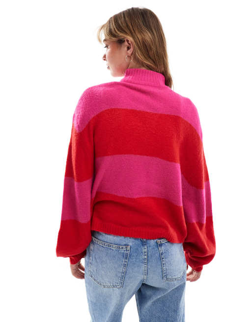 Brave Soul – Sweter z okrągłym dekoltem w różowo-czerwone pasy, 3 z 4