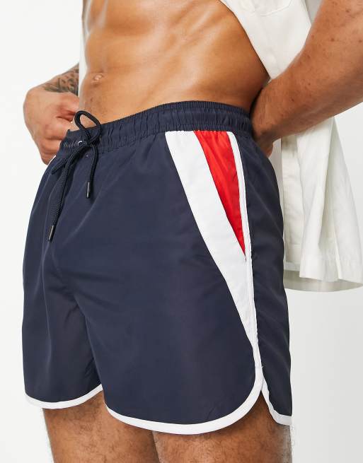 Brave Soul swim short with stripe detail in navy red and white, 4 of 4