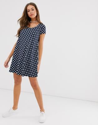 navy polka dot swing dress