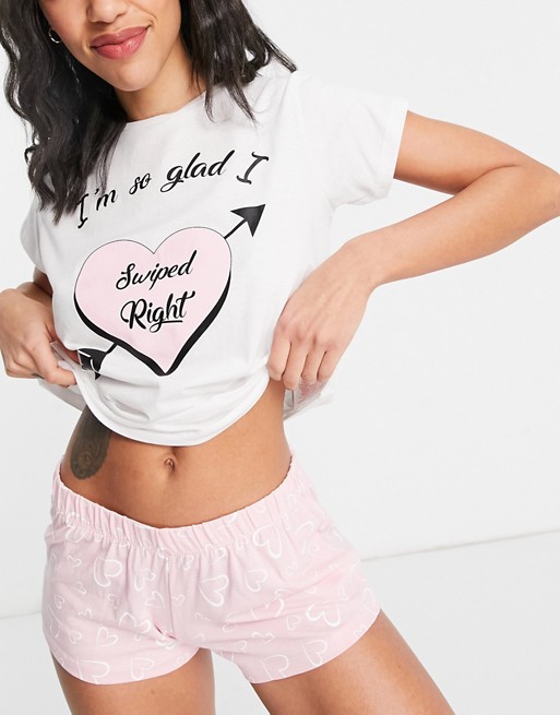 Brave Soul swipe right short pyjama set in white and pink