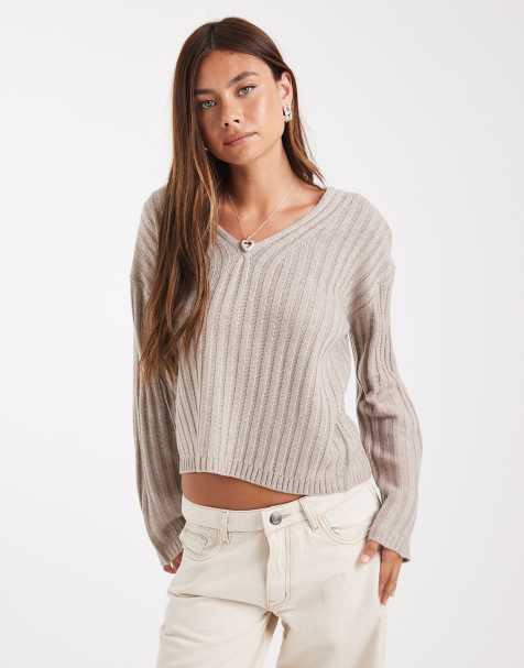 Brave Soul ribbed v-neck jumper in taupe