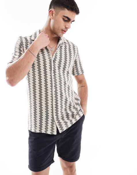 Brave Soul short sleeve knitted shirt with textured stripe in grey and white