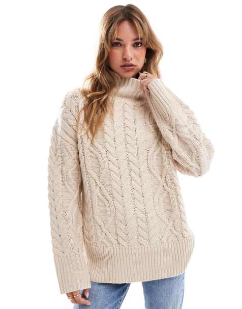 Brave Soul cable knit turtleneck jumper in stone