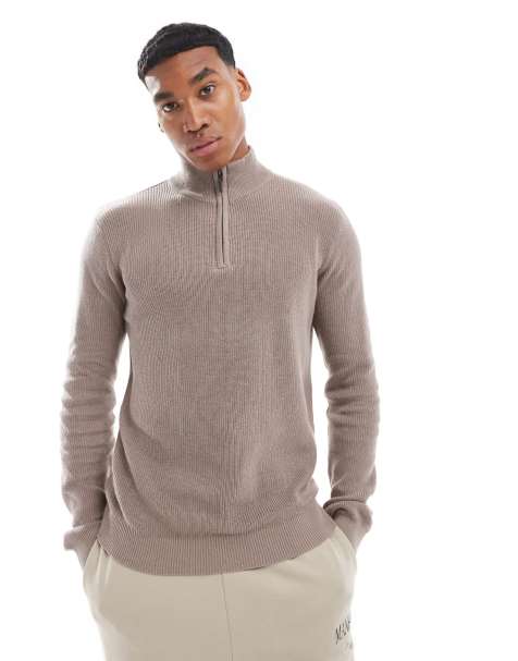 Brave Soul ribbed quarter zip jumper in taupe