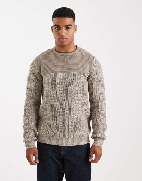 Brave Soul crew neck knitted jumper with contrast panel in grey