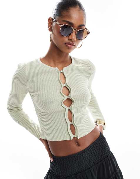 Brave Soul ribbed knitted button down cardigan in sage green