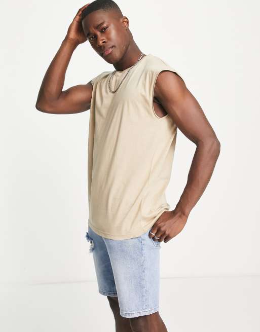 Brave Soul - T-Shirt a canotta senza maniche color tortora con bordi grezzi