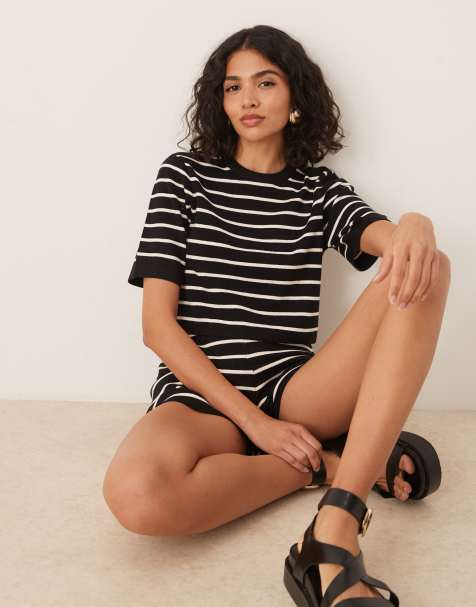 Brave Soul - T-shirt a maniche corte in maglia a righe bianche e nere in coordinato - view 1