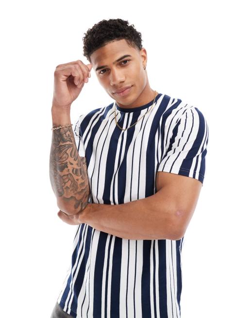 Brave Soul - T-shirt a righe blu navy e bianche verticali