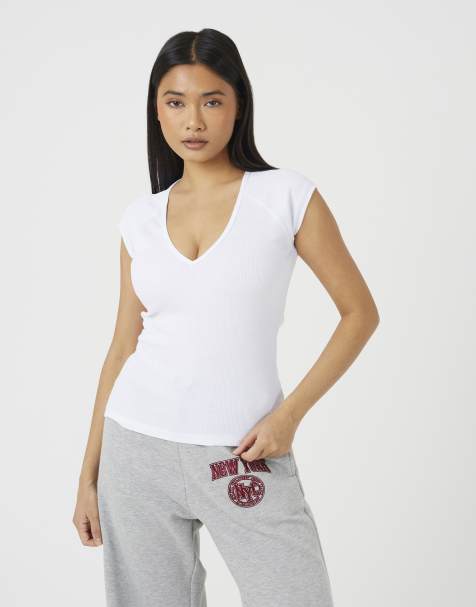 Brave Soul T-shirt aderente bianca con maniche a cappuccio e scollo a V - view 1