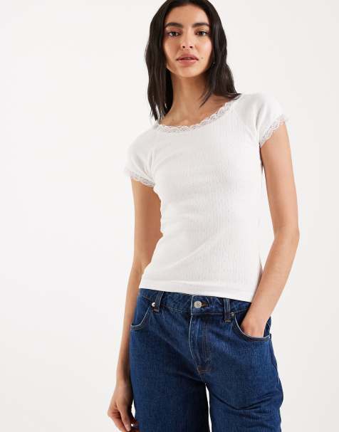 Brave Soul – T-Shirt aus Pointelle in Weiß mit Spitzenbesatz - view 1