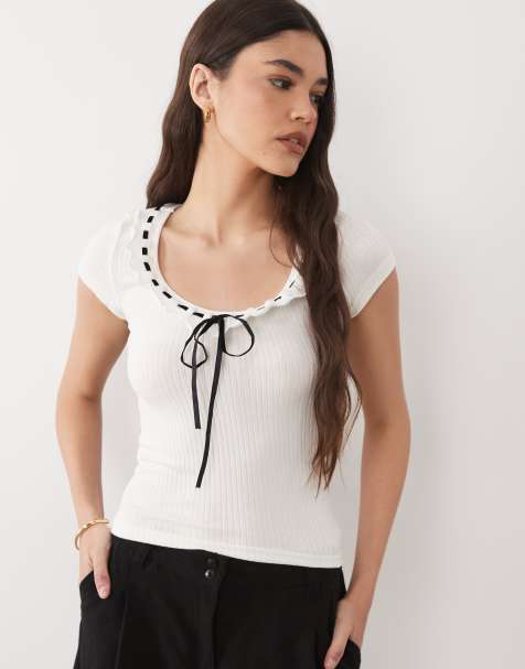 Brave Soul - T-shirt bianca in jersey a coste con scollo rotondo e fiocco - view 1