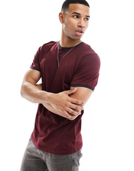Brave Soul - T-shirt bordeaux e blu navy a coste con righe a contrasto sui bordi