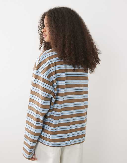 Brave Soul T-shirt boyfriend fit a maniche lunghe a righe marroni, blu e bianche, 2 di 4