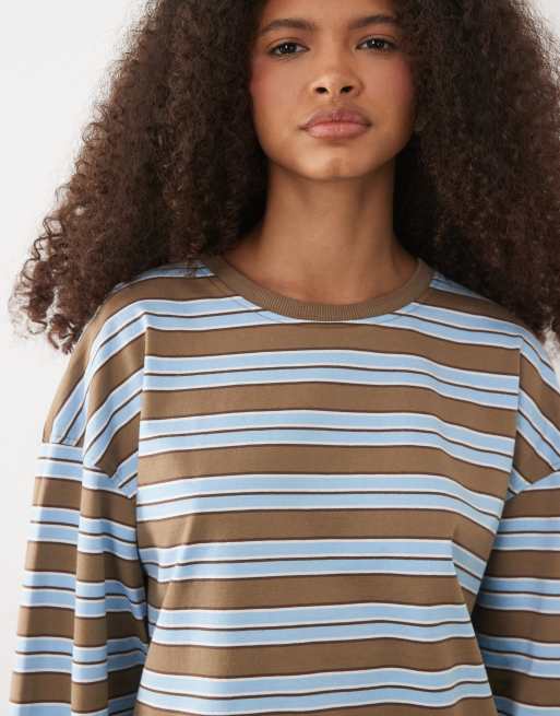 Brave Soul T-shirt boyfriend fit a maniche lunghe a righe marroni, blu e bianche, 3 di 4