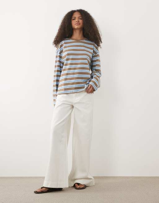 Brave Soul T-shirt boyfriend fit a maniche lunghe a righe marroni, blu e bianche, 4 di 4