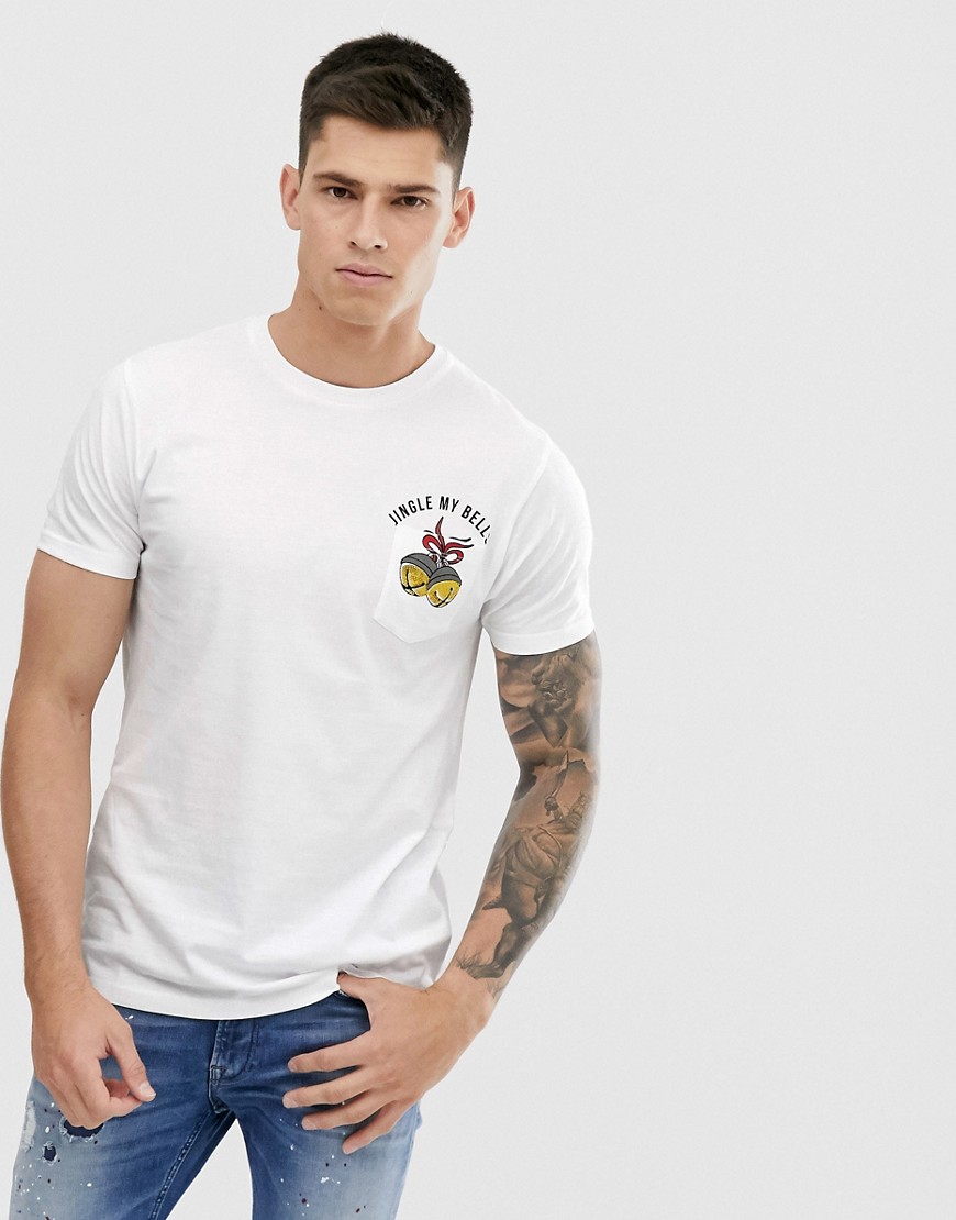 Brave Soul - T-shirt con campanellini natalizi sulla tasca-Bianco
