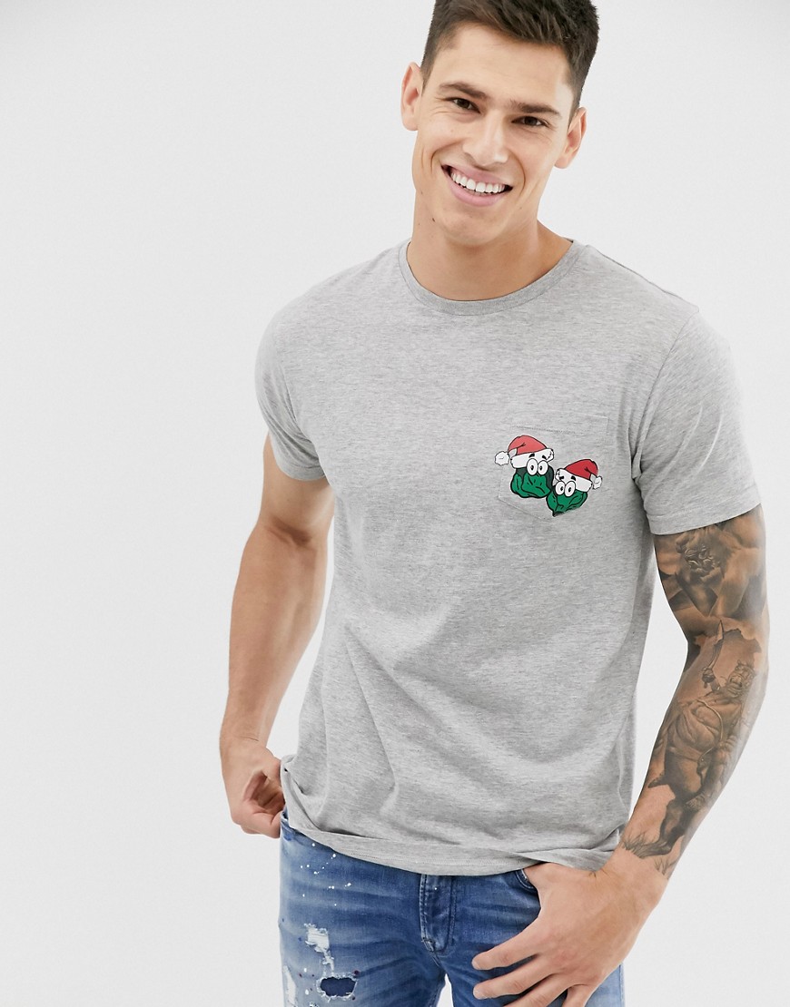 Brave Soul - T-shirt con cavoletti di Bruxelles natalizi sulla tasca-Grigio