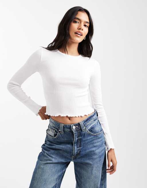 Brave Soul - T-shirt en coton à manches longues et bordures ondulées - Blanc