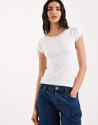 T-shirt en maille pointelle à bords en dentelle - Blanc XL